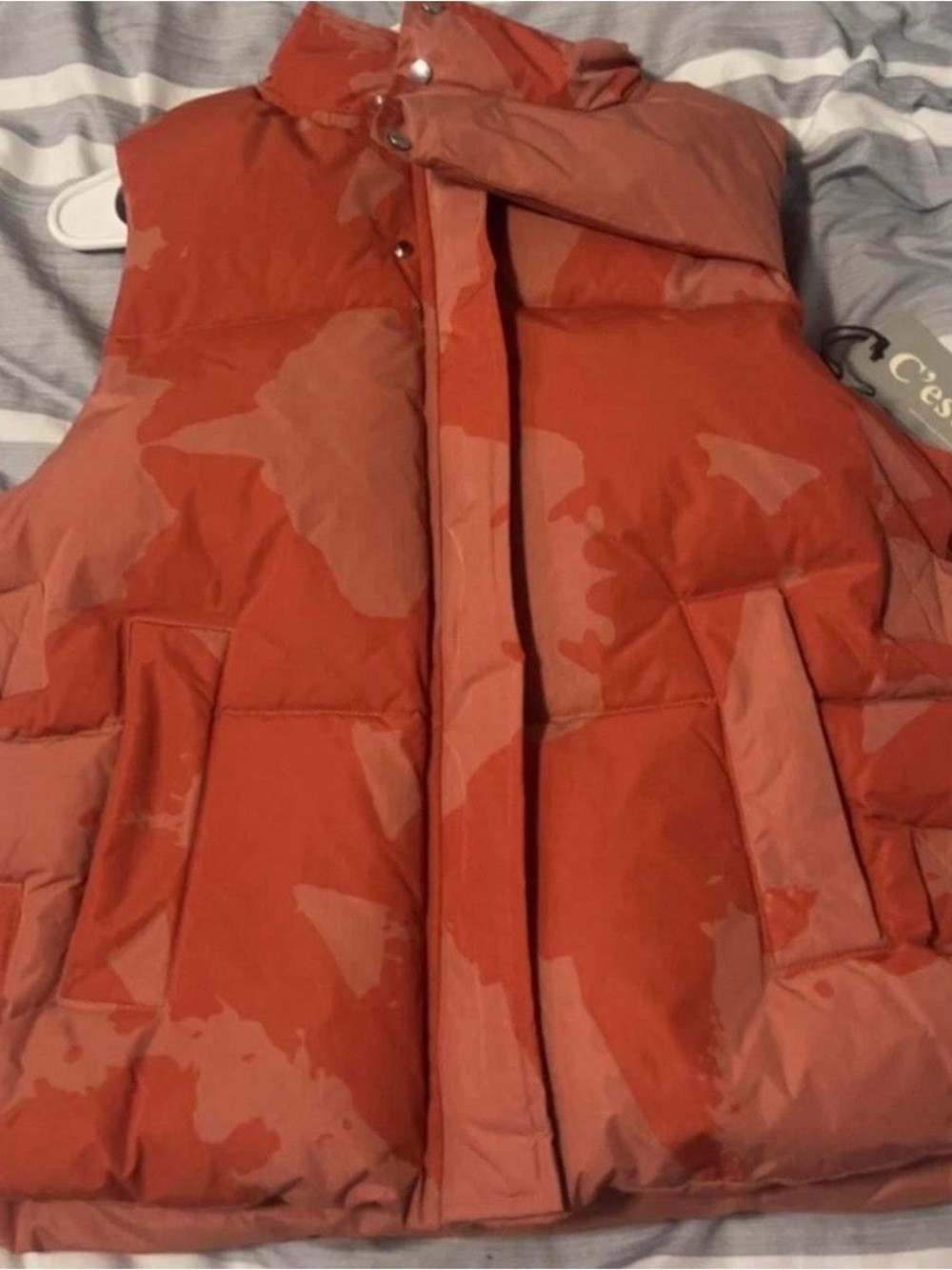 Cest Bon Crest Orange Camouflage Quilted Puffer Vest